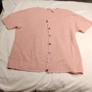 Orvis women's medium sized short sleeved button down salmon colored cardigan